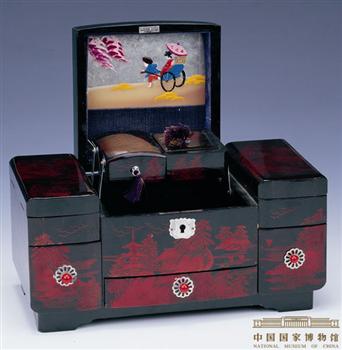 山水画彩漆七子奁音乐化妆盒