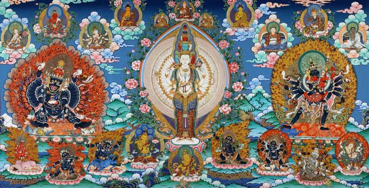 千手观音,大威德金刚,胜乐金刚195cm×100cm/彩唐西方三圣/200cm×120