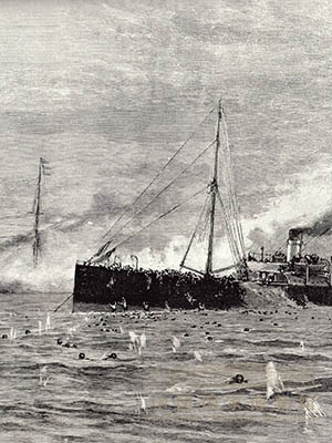 <p>1894年7月25日，日本在朝鲜丰岛海面袭击中国军舰，击沉运兵船“高升”号。8月1日，中日两国同时宣战。图为在被日舰击沉的清朝运兵船“高升”号。</p>
