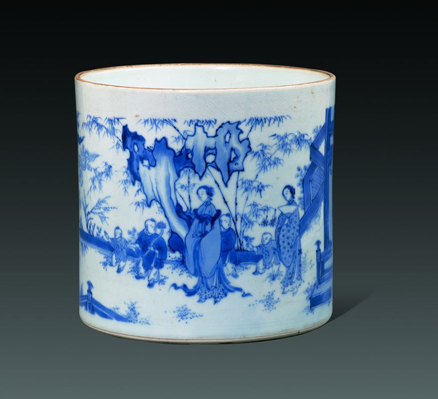 青花潘斌绘人物纹笔筒
