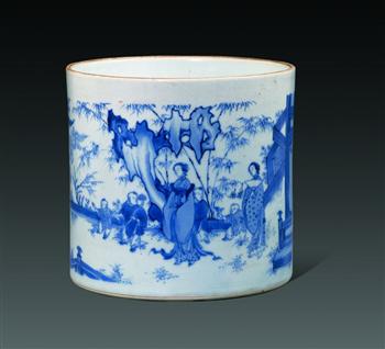 青花潘斌绘人物纹笔筒