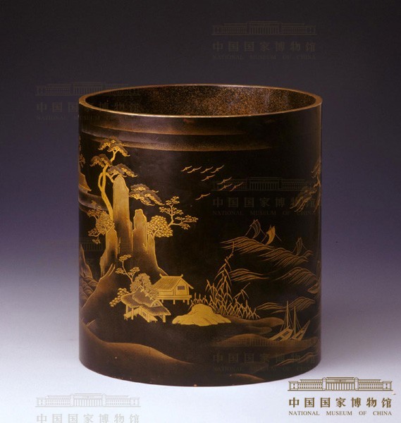 黑漆描金山水大笔筒