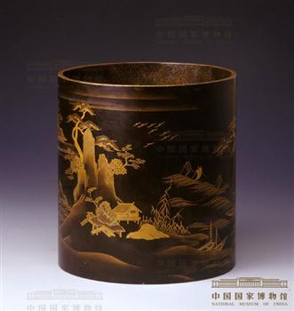 黑漆描金山水大笔筒