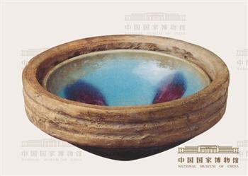 钧窑带匣钵天青釉玫瑰紫斑碗