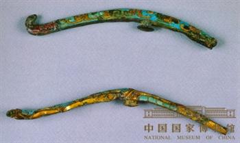 鎏金嵌松石玛瑙青铜带钩、错金嵌松石银钮青铜带钩