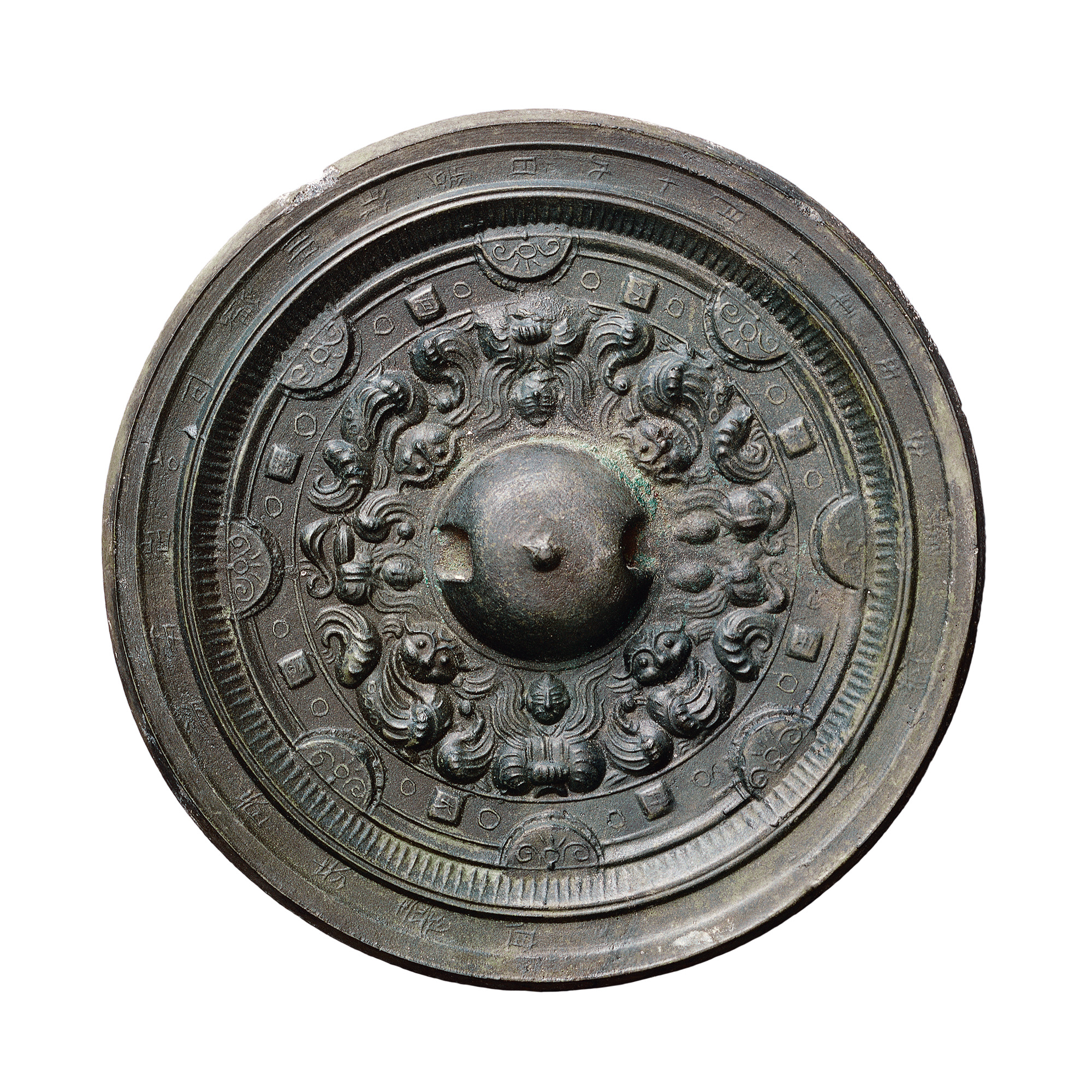 中国 古銅青銅 神獣文 銅鏡 古鏡 紙鎮 文鎮 時代箱付 M