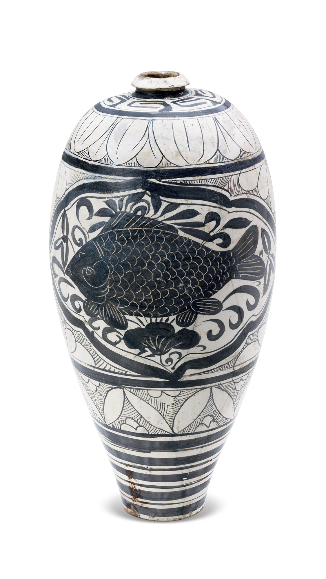 磁州窑白地黑花开光鱼纹梅瓶