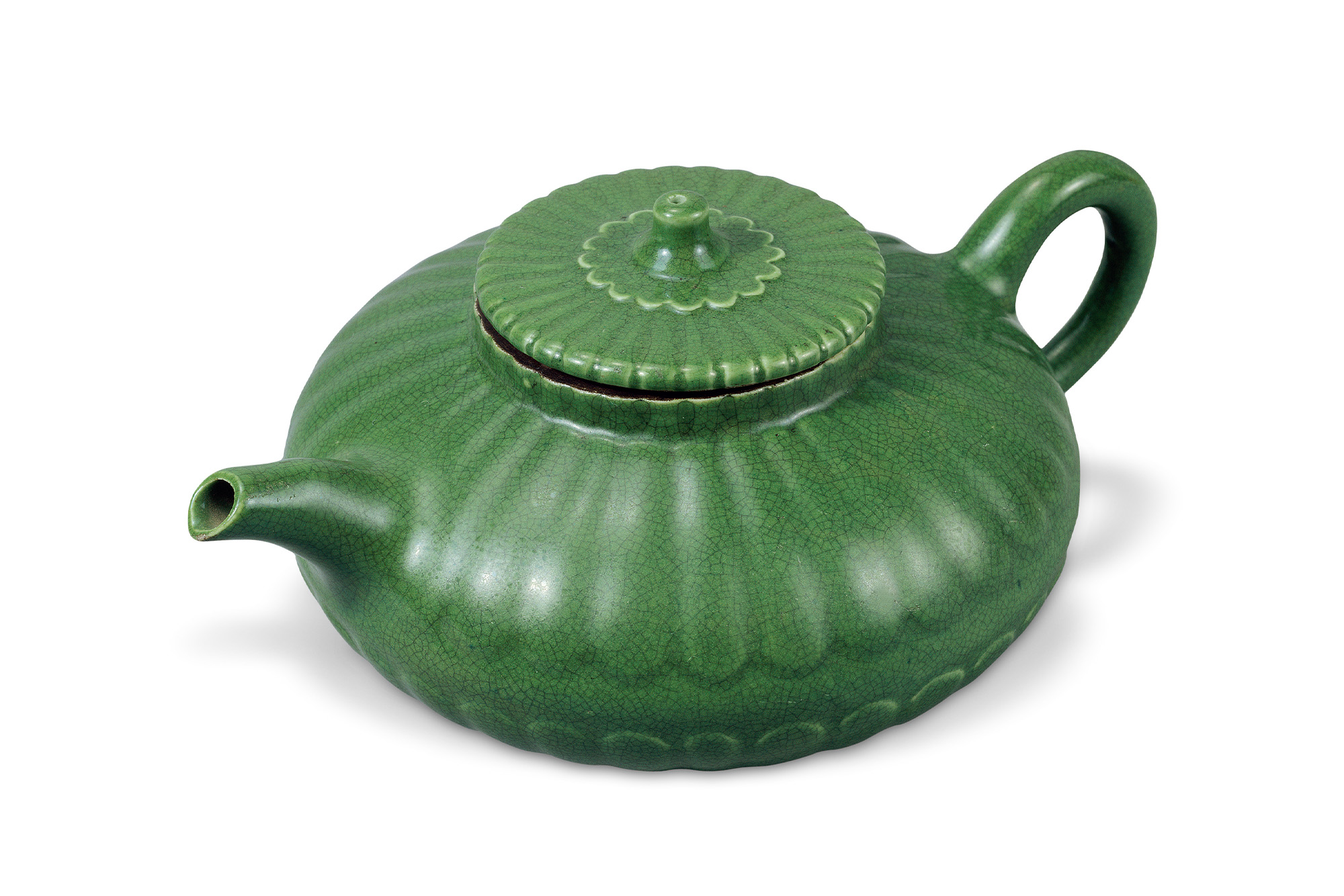 鱼子绿釉菊瓣式茶壶