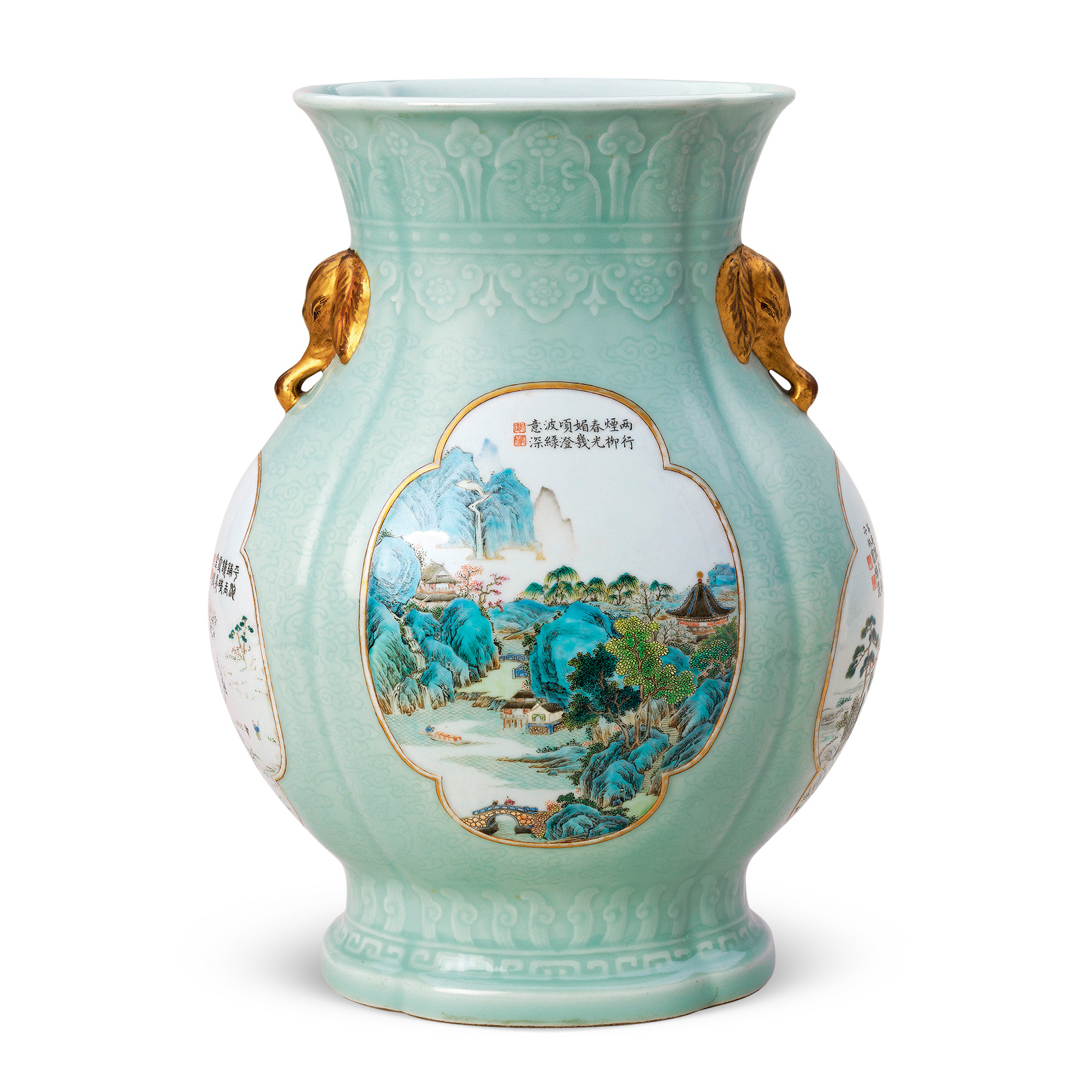 中国清代永和軒款豆青釉青花人物山水紋天球瓶、高さ31cm X径20cm口径7cm 中国清代永和軒款豆青釉青花人物山水紋天球瓶、高さ