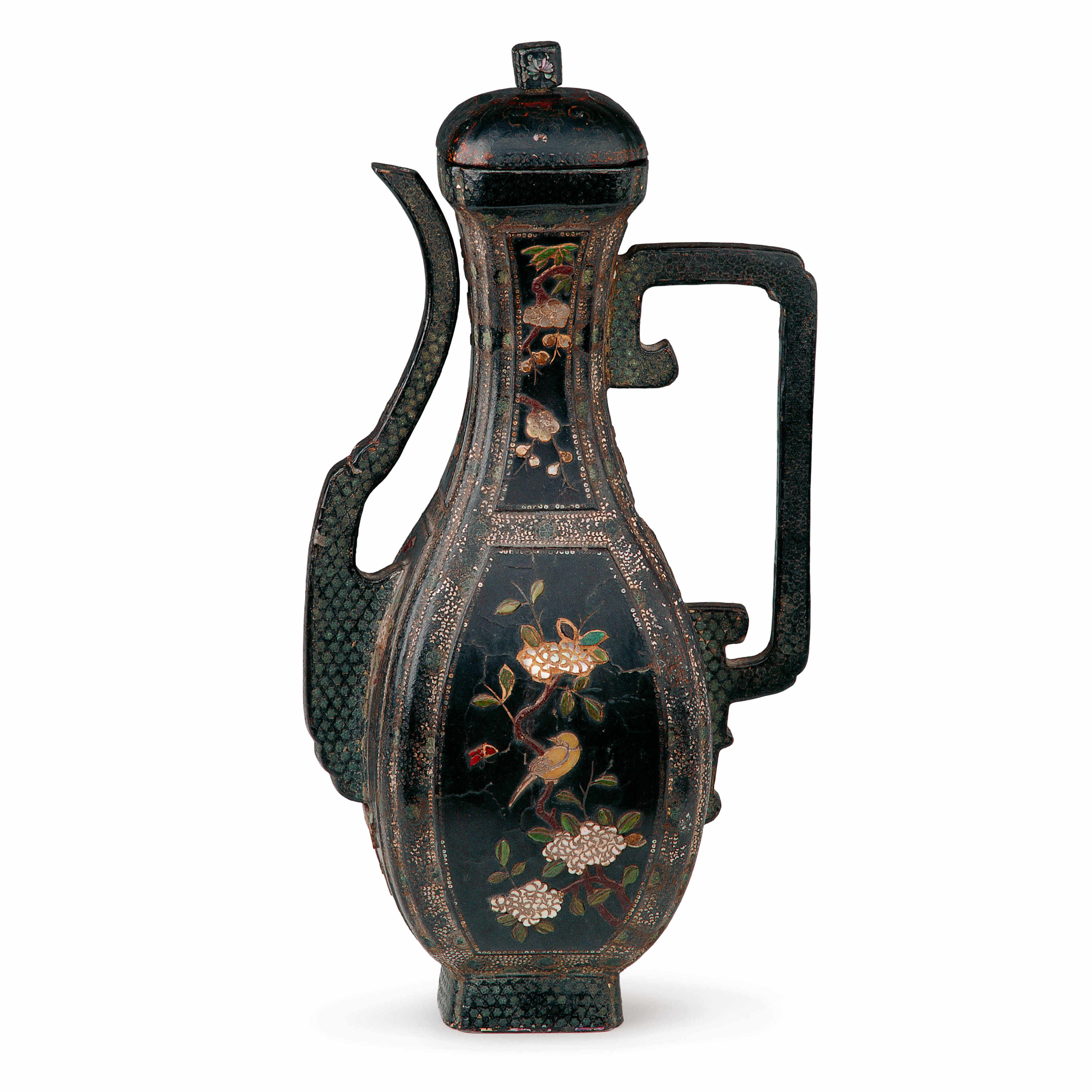 江千里制黑漆嵌螺钿执壶