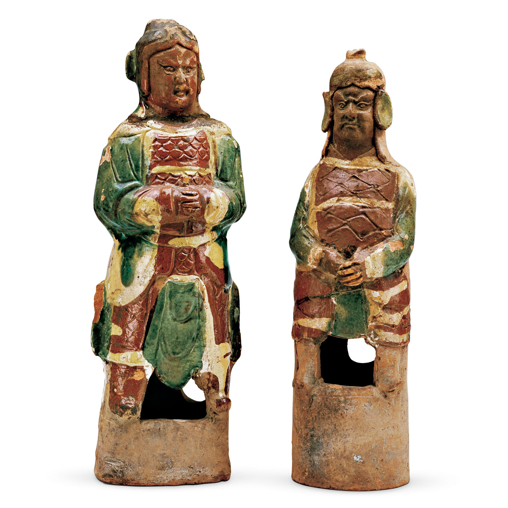 三色釉坐姿武士俑（两件）