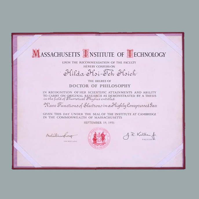 美国麻省理工学院授予谢希德的物理系哲学博士学位证书（英文）