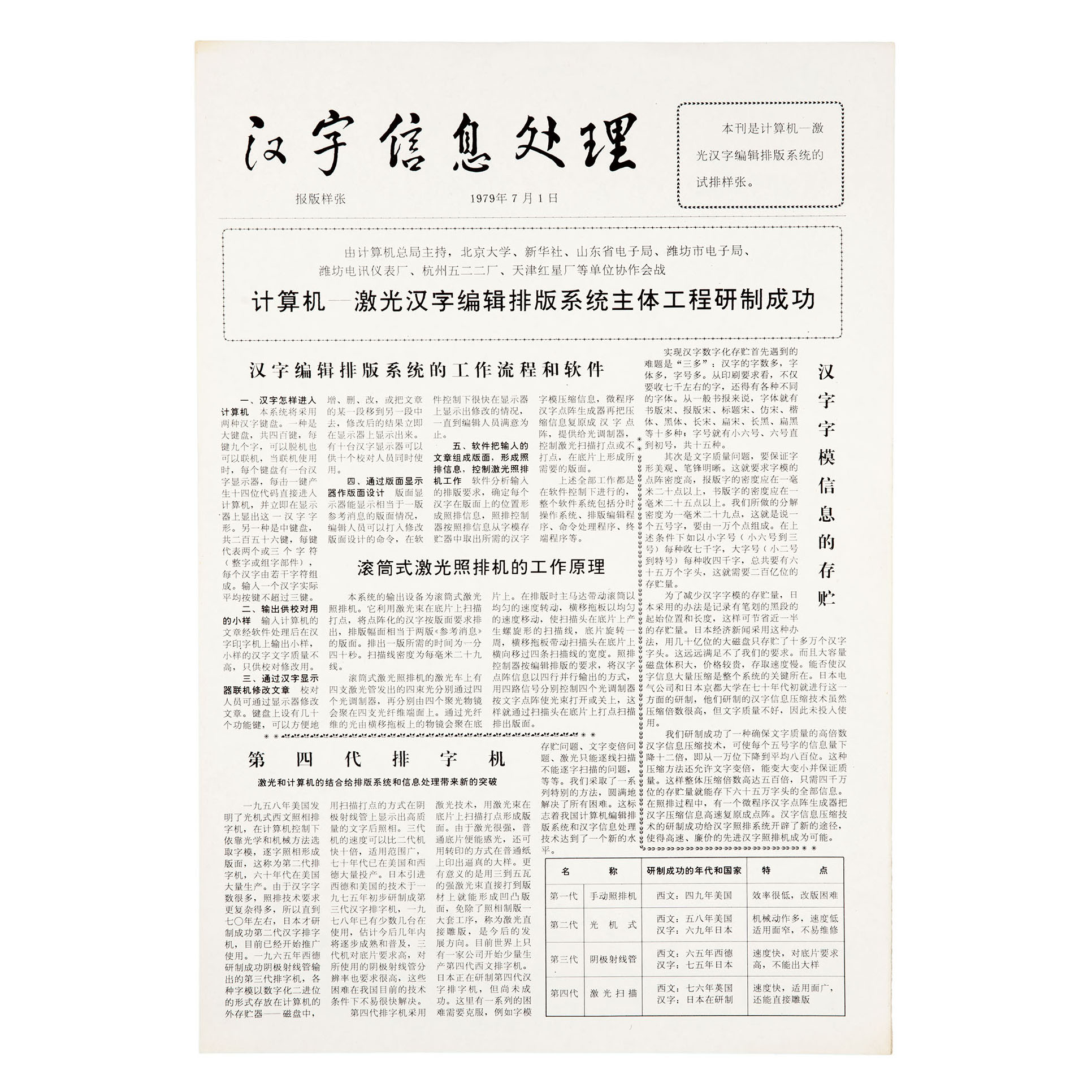 汉字激光照排系统原理性样机输出的第一张《汉字信息处理》报版样张
