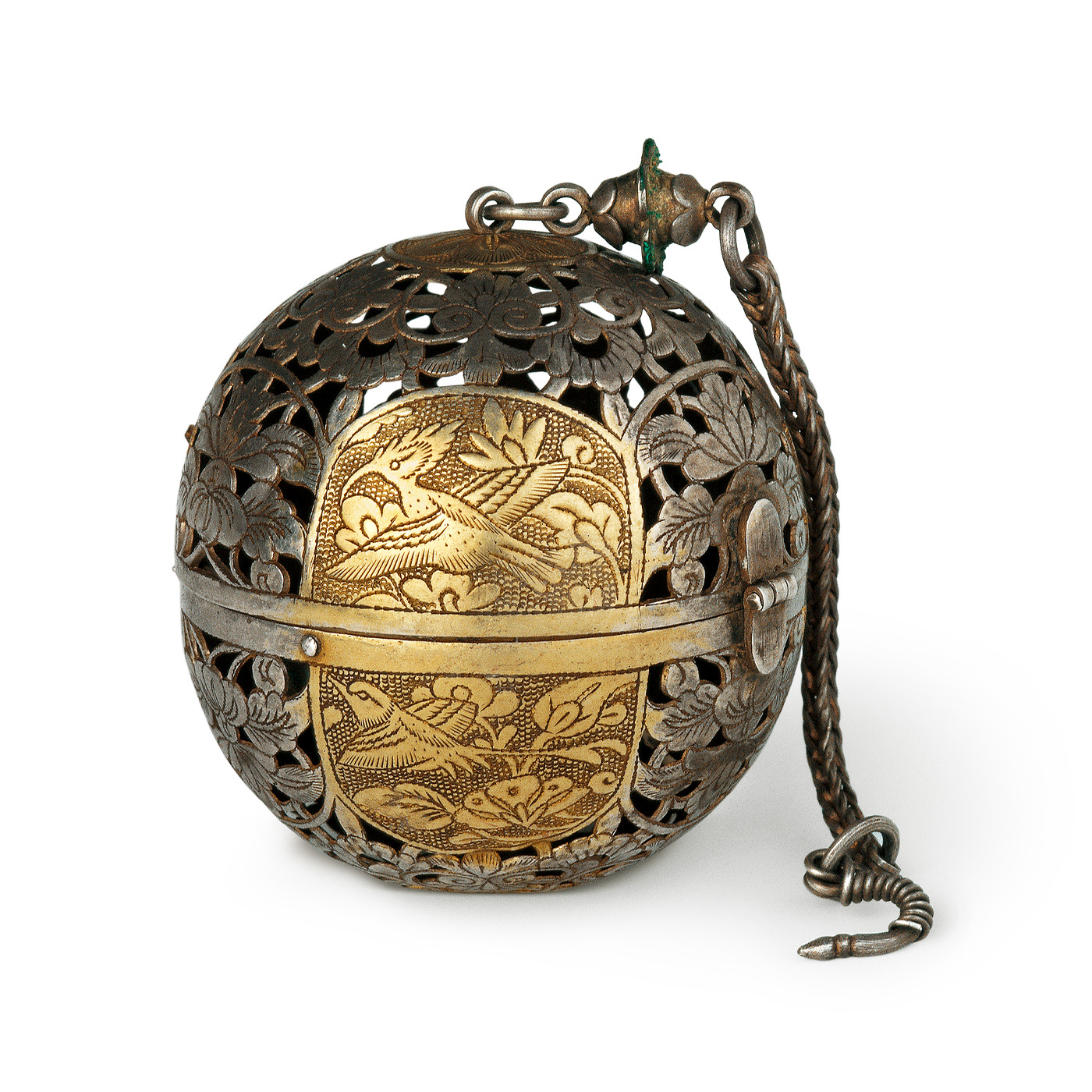 中国古美術品・珍品純銅製・高浮彫鎏金繍球香炉香囊・透彫・熏香炉・檀木箱付・香道具 鎏金银香囊| 中国国家博物馆