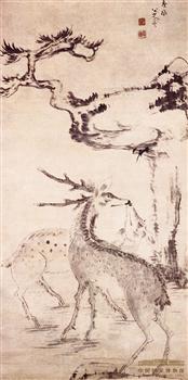 《松树双鹿图轴》